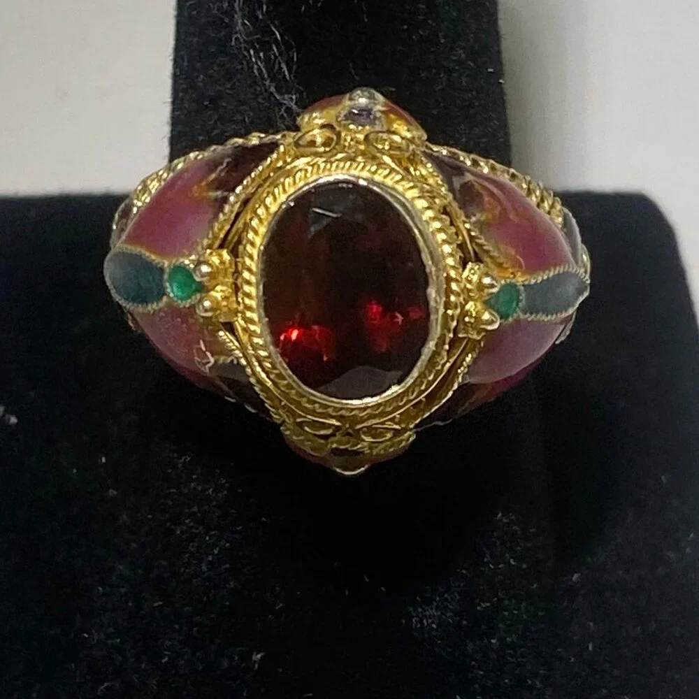 Barbara Garwood Garnet Ring Collectable Mongolian Art 14K over Silver